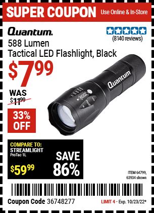 Quantum 588 Lumen Tactical Flashlight For 7 99 Harbor Freight Coupons