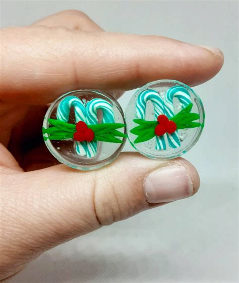 Realistic Clay Resin Candycane Holly Blue Red Green Gauged Plug Earrings 20Mm Christmas Holiday