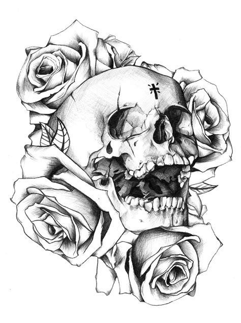 Rose And Skull Drawing Tattoo