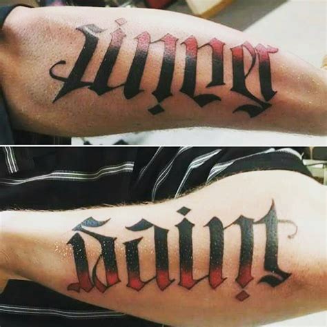 Saint And Sinner Ambigram Tattoo In Red And Black Ombre Ambigram Tattoo