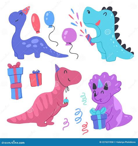 Set Of Happy Little Dinosaurs With Birthday Celebrate Birthday Festive