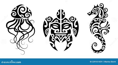 Set Of Tattoo Sketch Maori Style Sea Animals Turtle Seahorse