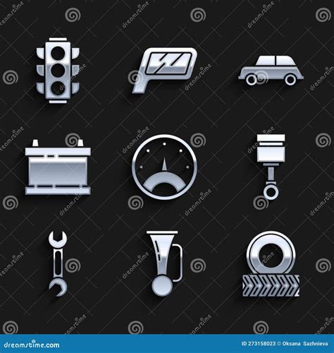 Set Wrench Speedometer Signal Horn On Vehicle And Wrench Icon Vector Stock Vector