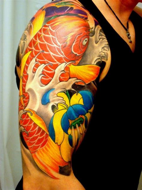 Shoulder Colored Koi Fish Tattoo Design Under Asia