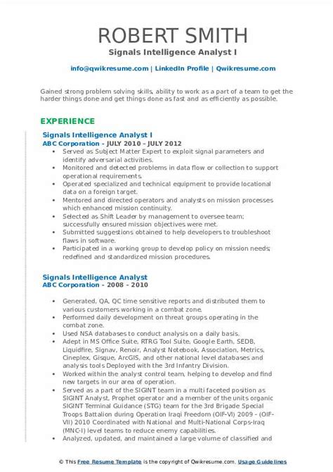 Signals Intelligence Analyst Resume Samples Qwikresume