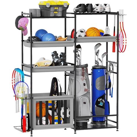 Sttoraboks Sports Equipment Storage Rack With Ball Holder Golf Bag Organizer Multi Purpose Sports Gear Rack With Oxford Storage Layers And Wire Mesh Shelves Bs 005 Ls At Lowes Com