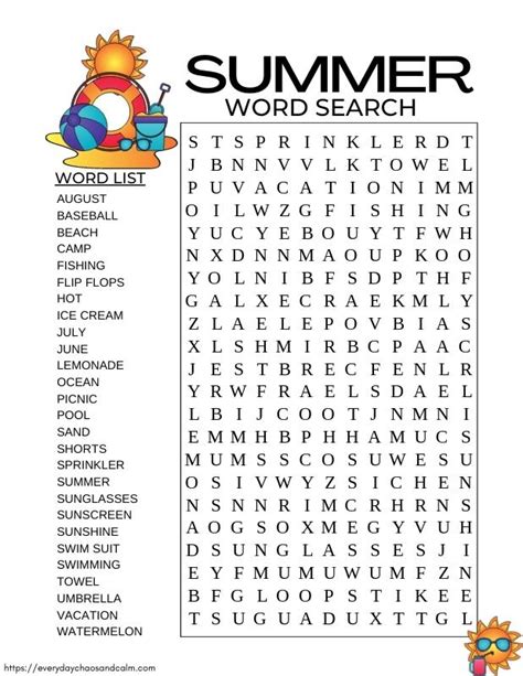 Summer Word Search Printable Hard