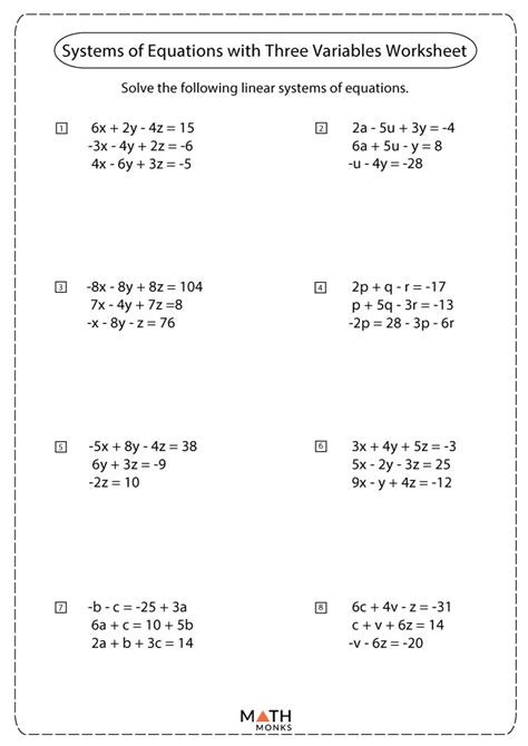 System Of Equations Three Variables Worksheet