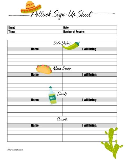 Taco Potluck Sign Up Sheet Printable