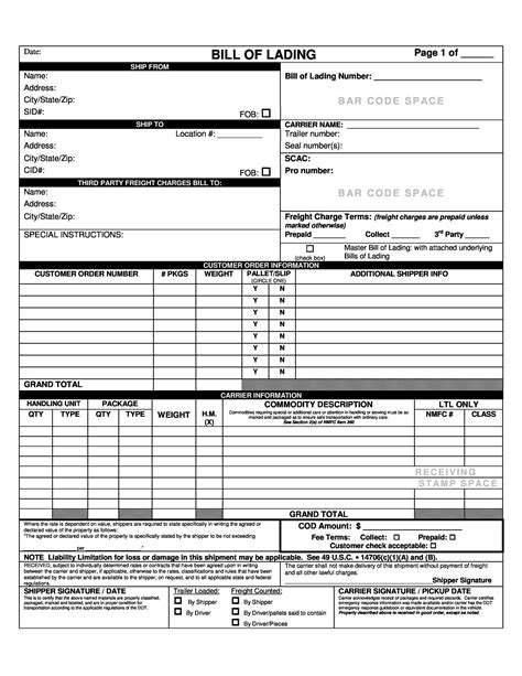 Template Bill Of Lading Word