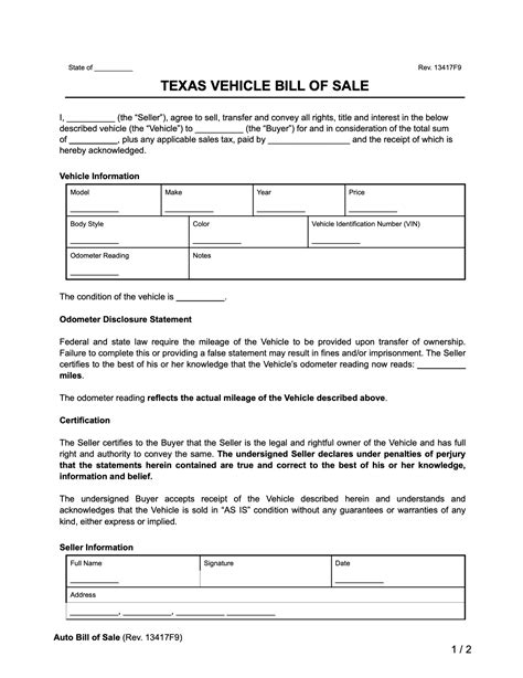 Texas Motor Vehicle Bill Of Sale Form Templates Fillable Printable Samples For Pdf Word Pdffiller