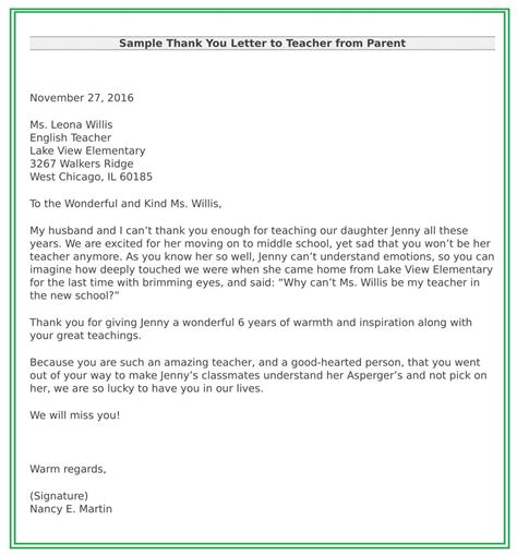 Thank You Note To Teacher From Parent Thank You Letter To Teacher