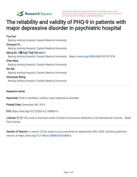 The Reliability And Validity Of Phq 9 In Patients With Major Depressive Disorder In Psychiatric Hospital Bmc Psychiatry Full Text