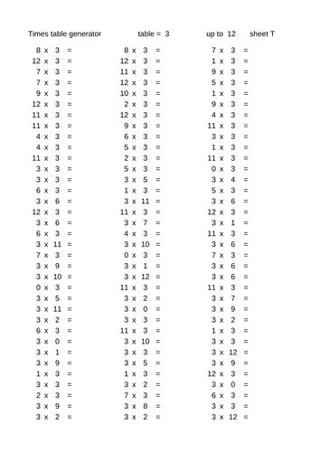 Times Table Worksheet Generator