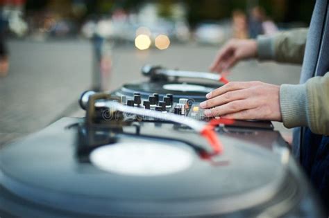 Turntable Hand Of Dj On The Vinyl Record Stock Image Image Of Outdoor Mixer 100794623