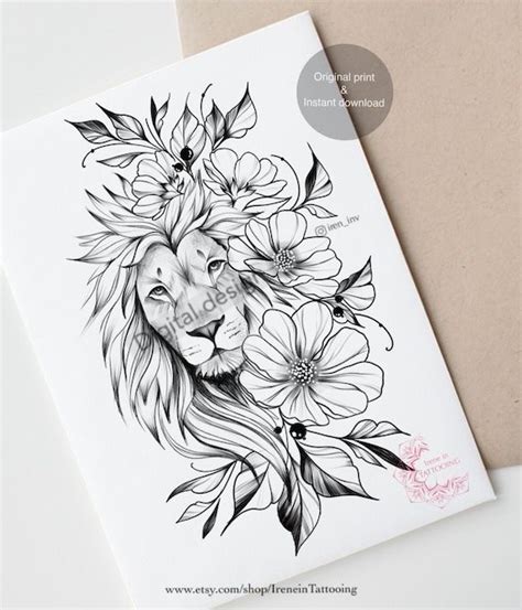 Two Lions With Flowers On Their Heads Are Shown In This Tattoo Design