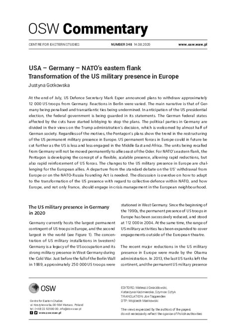 Usa Germany Nato S Eastern Flank Transformation Of The Us Military Presence In Europe Osw Centre For Eastern Studies