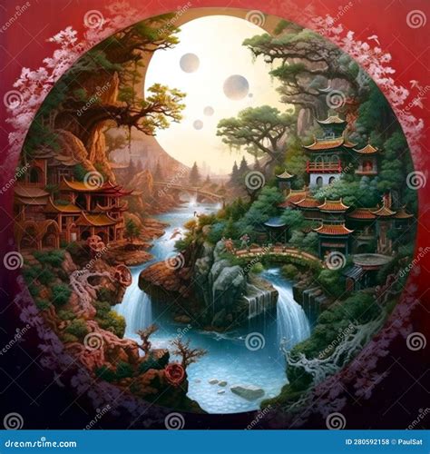 Variation On The Yin Yang Theme With Town And Nature Perfect Harmony Stock Illustration