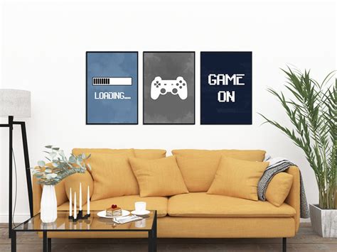 Video Game Wall Art Gaming Wall Art Set Of 3 Blue Gray Etsy