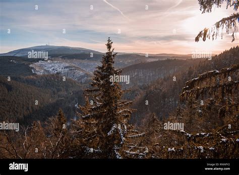 View To Brocken Mountain Peak Covered In Snow In Harz Mountains