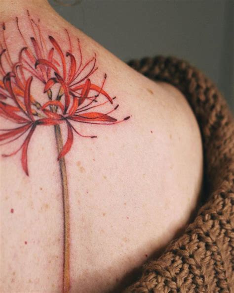 Watercolor Style Red Spider Lily Tattoo On The Upper