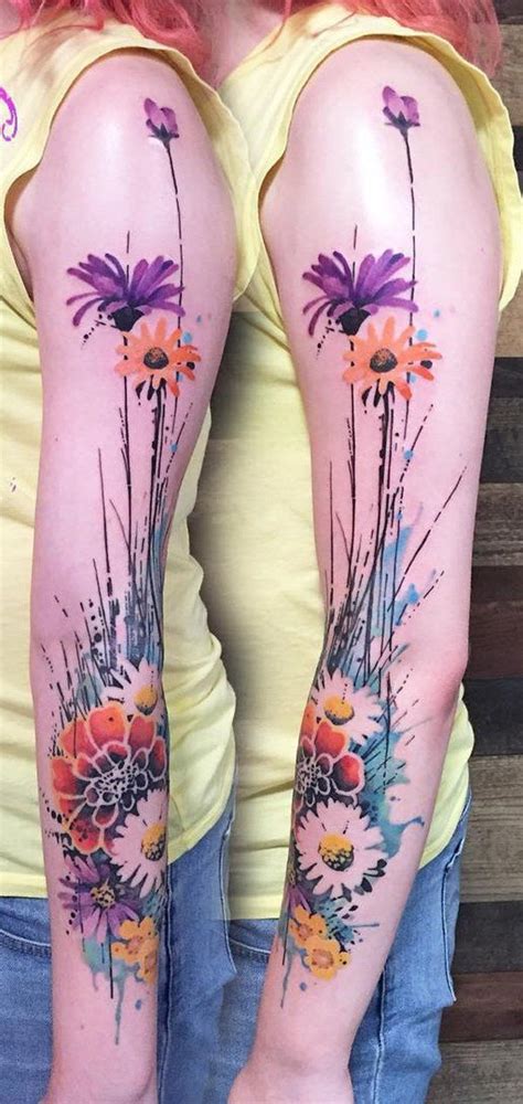 Watercolor Tattoo Breathtaking Flower Sleeve Watercolor Tattoo On