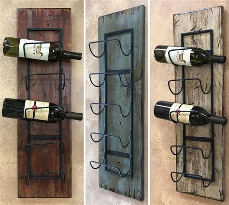 Wine Rack Wall Wood 5 Bottle Holder With Metal Home Decor