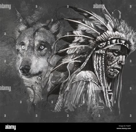 Wolf And American Indian Chief Tattoo Design Over Grey Background Textured Backdrop Artistic