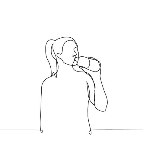 Woman Standing And Drinking From A Bottle From Her Throat One Line