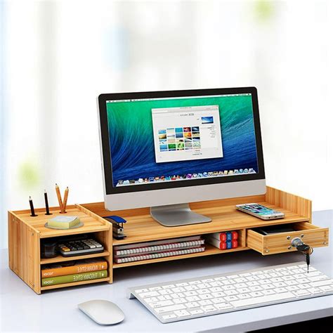 Wood Monitor Riser Stand And Computer Desk Organizer With Locked Drawer